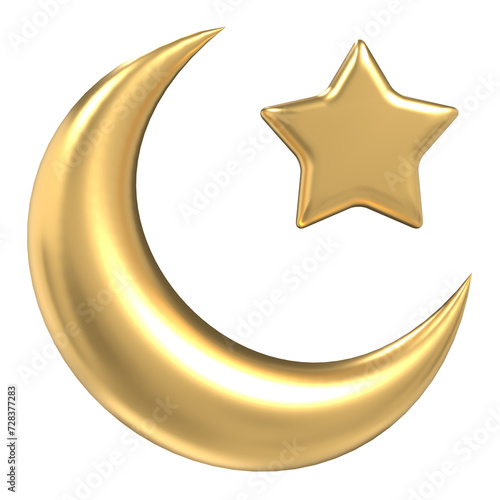 Islamic crescent moon and star icon. Golden Moon and star 3d icon. Symbol shape design for islamic concept. 3D render illustration