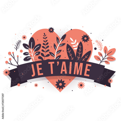 Je t'aime - Illustration vectorielle créative et festive pour témoigner son amour - Texte et illustration végétale naturelle - Branches, fleurs, feuilles - Rose et bleu - Amour et relation romantique