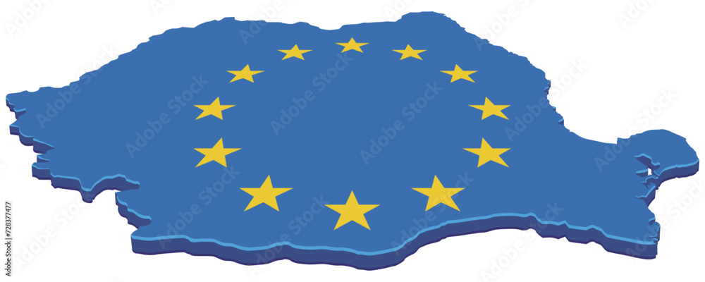 Obraz premium 3D map of Romania in the colors of the European Union flag (cut out) 