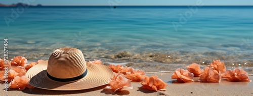 Calm tropical tourist beach in a sunny day background banner with a hat on beach sand and flowers around 