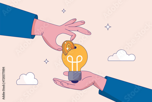 Crowd funding concept. New business or start up company to get money or venture capital to support or sponsor business, businessman hand giving money dollar coin to new business idea light bulb.