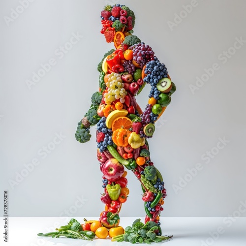 Muscular and vibrant bodybuilder, sculpted entirely out of colorful fruits and vegetables, evoking themes of health, vitality, and the beauty of nature