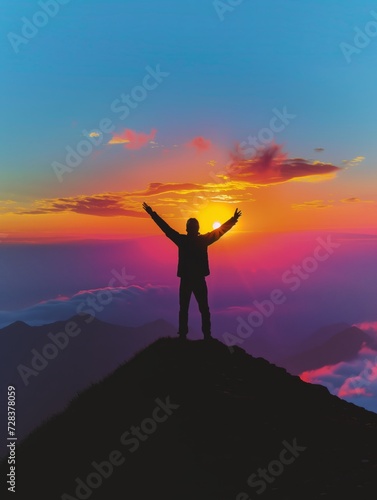 A man raising hands on top of a mountain as the sun sets. Goals and achievements concept