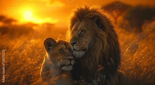 Golden Lion s Embrace A Sunset Serenade Generative AI