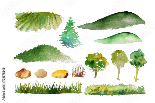 Collection of watercolor green trees, stones, grass, landscape design. Hand drawn trees. Forest illustration. Summer or spring design