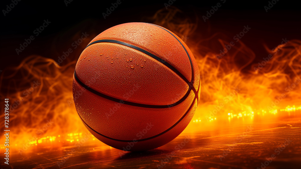 Basketball mit Wassertropfen auf dunklem Hintergrund mit orange gelben Lichteffekten und Nebel. Querformat 16:9. Generative Ai.