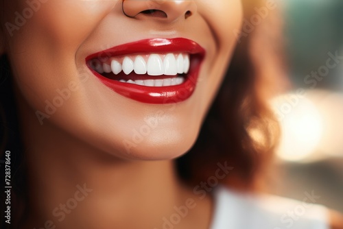 Portrait of happy women with perfect smile with nice white teeth and red lipstick. Generative Ai.