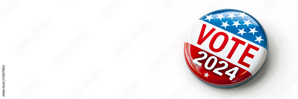 Vote 2024 badge with American flag colors isolated on white background, representing the concept of US elections and democratic participation Vote 2024 badge with American flag colors isolated on white background, representing the concept of US elections and democratic participation