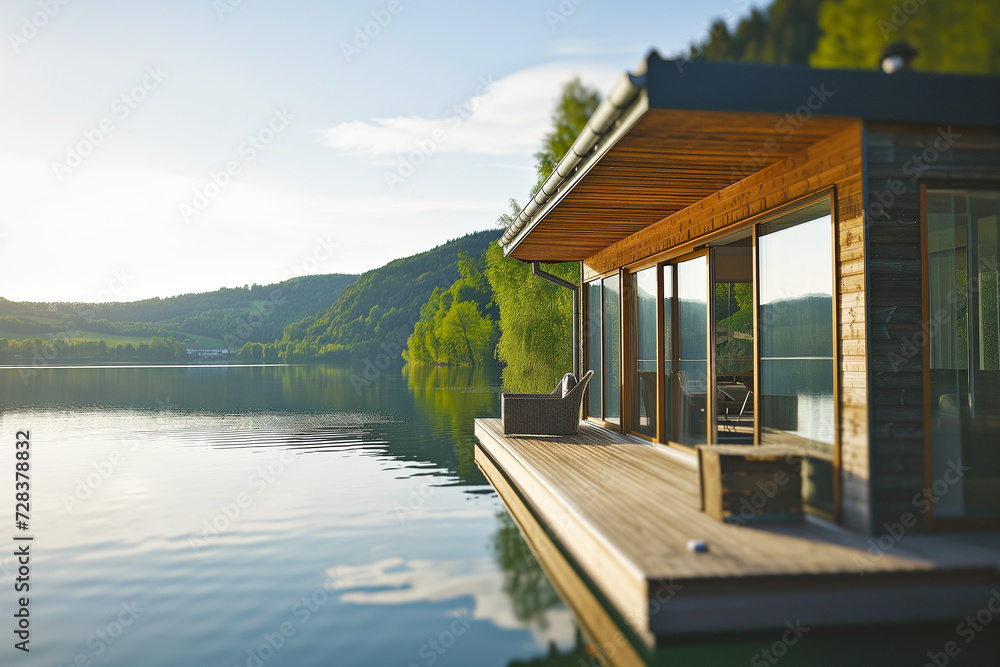 A wooden eco-house located on the shore of a calm lake. A wooden eco-house located on the shore of a calm lake.