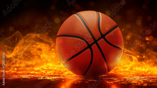 Basketball auf dunklem Hintergrund mit orange gelben Lichteffekten und Nebel. Querformat 16:9. Generative Ai. photo