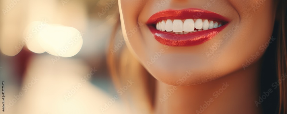 Obraz premium Portrait of happy women with perfect smile with nice white teeth, panorama banner. Generative Ai.