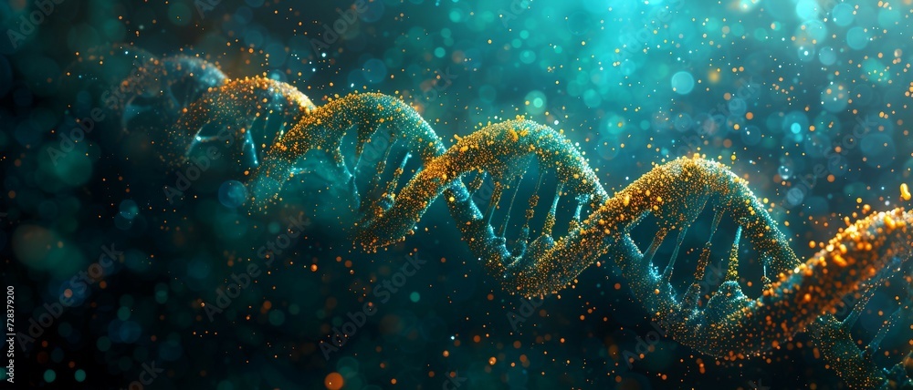 a symmetrical background with intertwining double helix structures of DNA, incorporating glowing double helix structures in shades of cosmic teal, biotech green, and genetic gold. in Healthcare Fusion - obrazy, fototapety, plakaty 