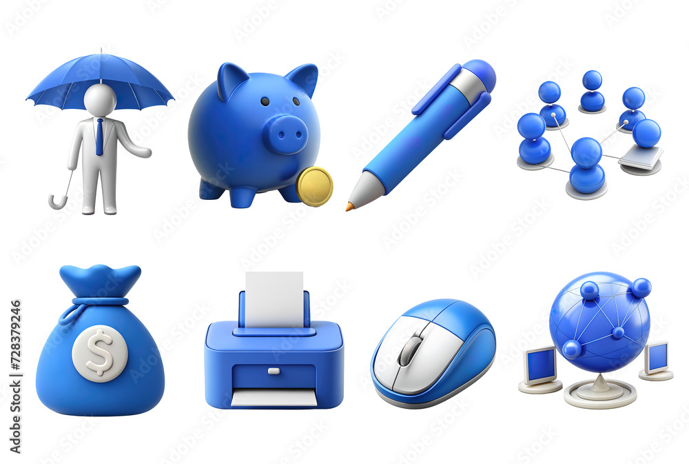Business icon set, 3D render style, isolated on white or transparent ...