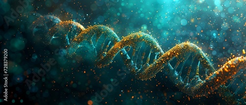 a symmetrical background with intertwining double helix structures of DNA, incorporating glowing double helix structures in shades of cosmic teal, biotech green, and genetic gold. in Healthcare Fusion photo