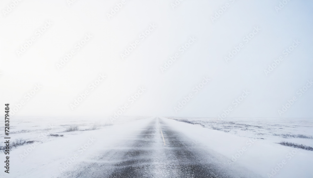 Fototapeta premium Icy road to nowhere, white winter landscapem with empty street