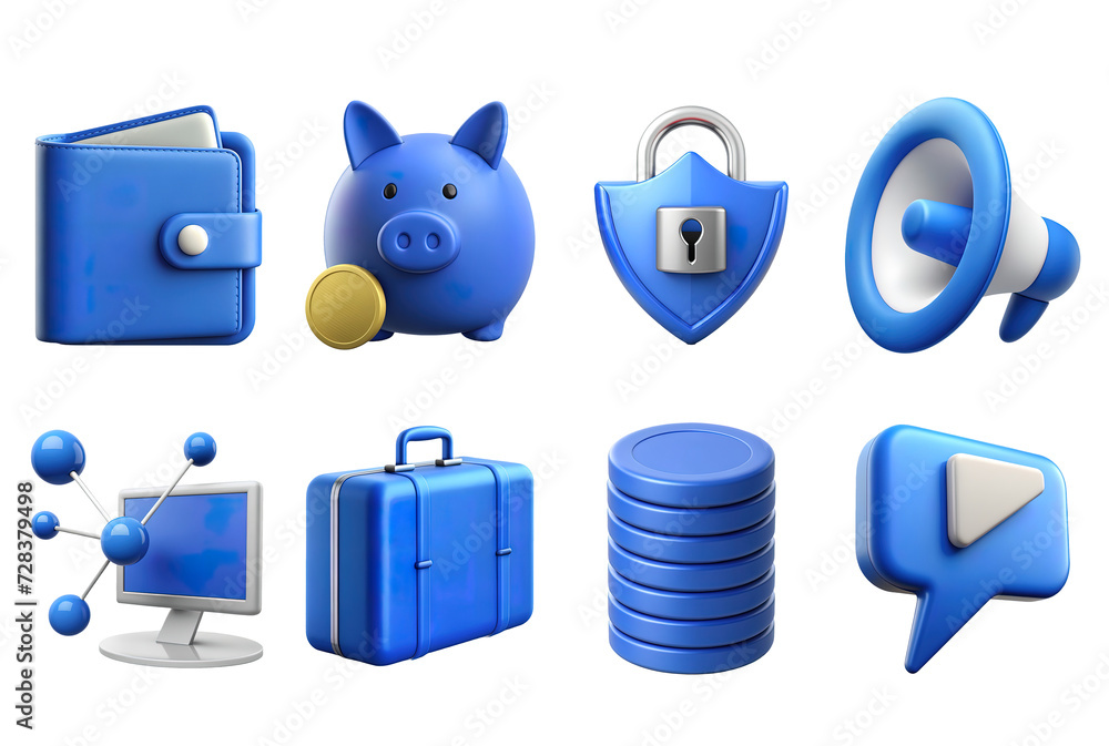 Business icon set, 3D render style, isolated on white or transparent ...