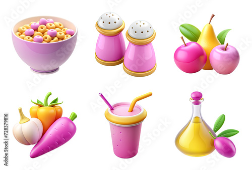 Grocery icon set, 3D render style, isolated on white or transparent background, cutout.