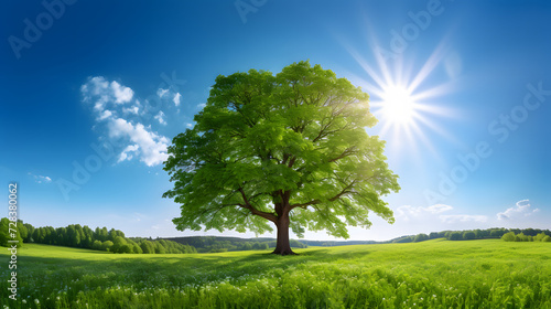 The sun shining through a majestic green oak tree on a meadow, with clear blue sky in the background, panorama format. Generative AI.