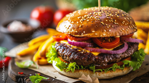 Cheese burger - American cheese burger with fresh salad and french fries