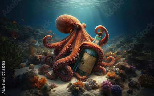 An octopus at the bottom of the ocean, near the reef holding a bottle in its tentacles