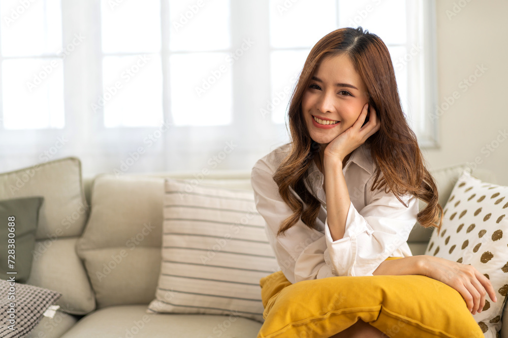Portrait of smiling beautiful pretty asian woman clean fresh healthy white skin posing smile in pajamas white clothes, skincare, lady, model, cosmetic, fashion.Girl relax, enjoy at home.asia beauty Portrait of smiling beautiful pretty asian woman clean fresh healthy white skin posing smile in pajamas white clothes, skincare, lady, model, cosmetic, fashion.Girl relax, enjoy at home.asia beauty