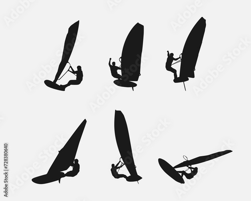 Vector windsurfing silhouette set. Isolated on white background. Water sports, beach, extreme. Vector illustration.