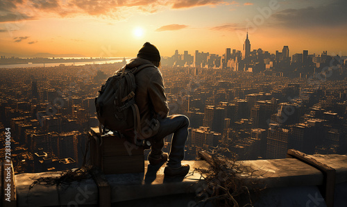 Solitary figure, hobo, traveller and explorer, sits atop a high urban vantage point, gazing at a sprawling cityscape bathed in the golden sunrise light.