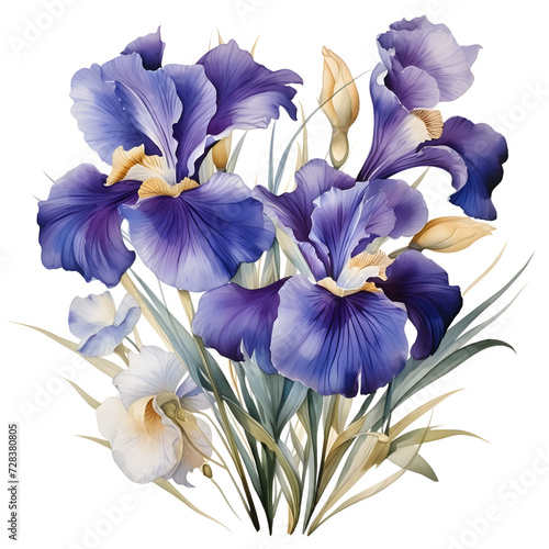 Watercolor irises, beautiful flowers isolated on white background. Hand drawn floral illustration. Greeting card