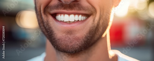 Portrait of happy men with perfect smile with nice white teeth, banner panorama. Generative Ai.