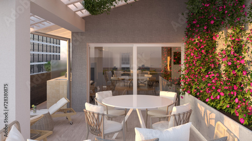 Lussuoso design di terrazzo abitabile con tavolo rotondo e sdraio dai colori neutri. Fiori rampicanti sulla parete e schermatura con brie soleil. 	