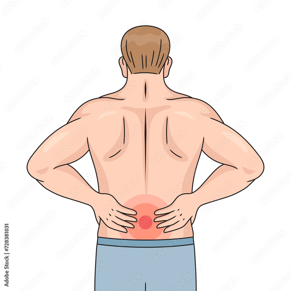 Fototapeta premium Low back pain in back of man diagram hand drawn schematic raster illustration. Medical science educational illustration