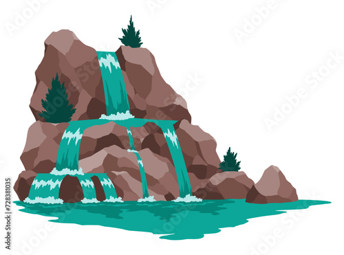 Cartoon river cascade waterfall. Landscape with mountains and trees. Design element for travel brochure or illustration mobile game. Fresh natural water
