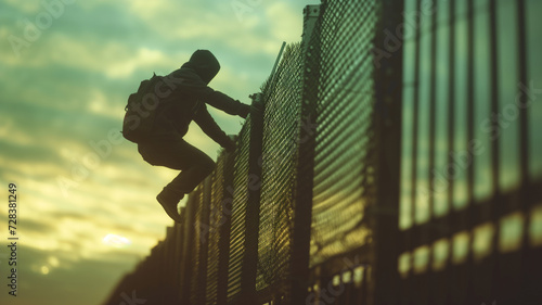An illegal migrant climbs over a fence on the Mexico-US border photo