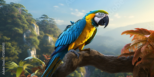 Macaw parrot world wildlife illustration and fauna, Blue and Golden macaw parrot sitting on the tree with little child and looking beautiful, 
