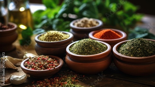 The spice flour is in a clay pot  made of clay  which is placed on a wooden table.