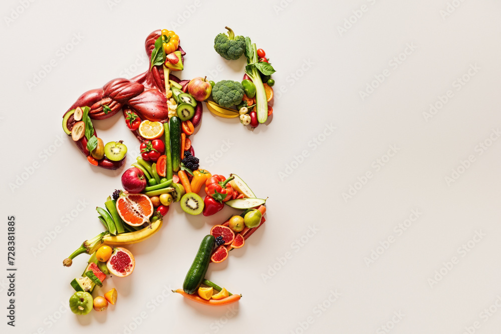 Muscular and vibrant bodybuilder, sculpted entirely out of colorful fruits and vegetables, evoking themes of health, vitality, and the beauty of nature