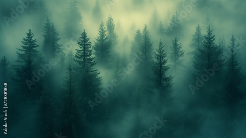 Step into the enchanting mist of a vintage retro fir forest landscape, where timeless beauty meets the serenity of nature. © Miracle Arts