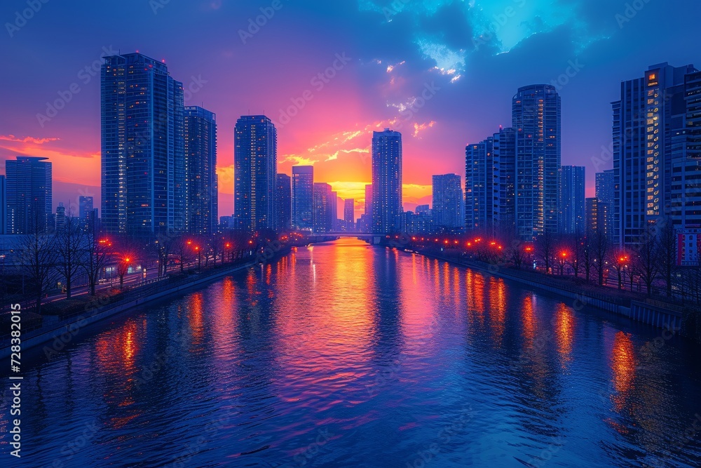 Sunset Serenade A Glowing River Runs Through the City Generative AI