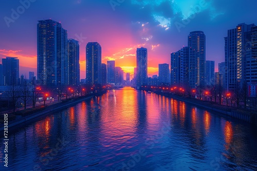 Sunset Serenade A Glowing River Runs Through the City Generative AI © Riya