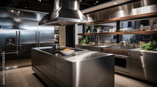 Modern kitchen with tables and furniture made of stainless steel, which is luxurious.