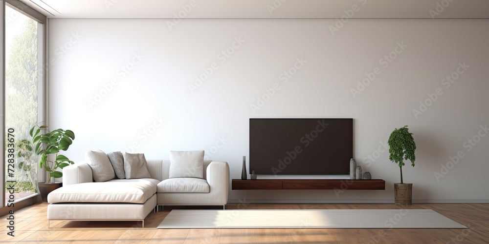 Contemporary minimalistic living room design, featuring white walls, door, TV, speakers, wooden floor, and sofa. Available apartment for lease. Contemporary minimalistic living room design, featuring white walls, door, TV, speakers, wooden floor, and sofa. Available apartment for lease.