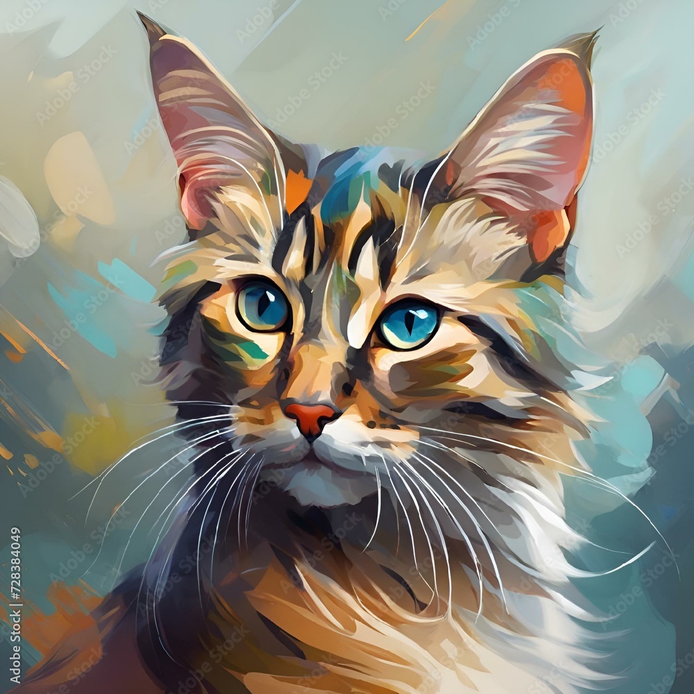 a painting of a cat with blue eyes and long whiskers