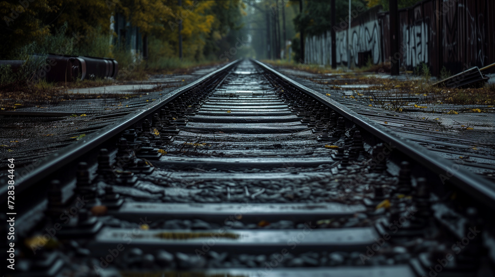 Railway tracks on the background of the autumn forest. View from above.