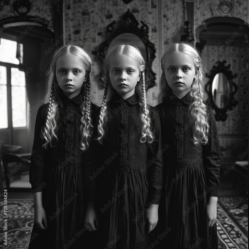 Symmetry in Elegance: Identical Triplets in Black Attire in a Gothic Parlor.