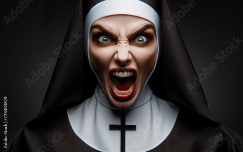 Screaming woman dressed for Halloween as nun on dark background