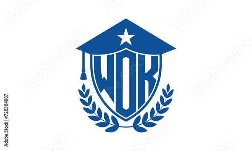 WOK three letter iconic academic logo design vector template. monogram, abstract, school, college, university, graduation cap symbol logo, shield, model, institute, educational, coaching canter, tech
