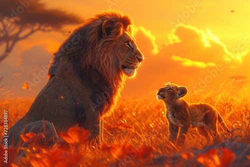 Lion King - A Lion and a Lion Cub in a field of flowers, reminiscent of the popular animated movie The Lion King. Generative AI