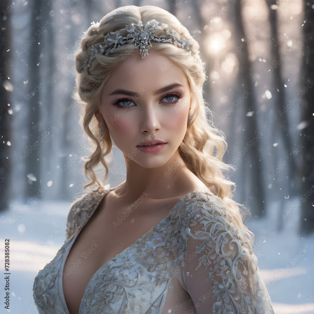 Portrait Of Beautiful Young Woman With Blonde Hair And Snow Outdoors. Generative AI