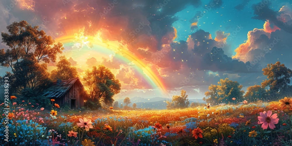 Rainbow Sunset in a Field of Flowers Generative AI