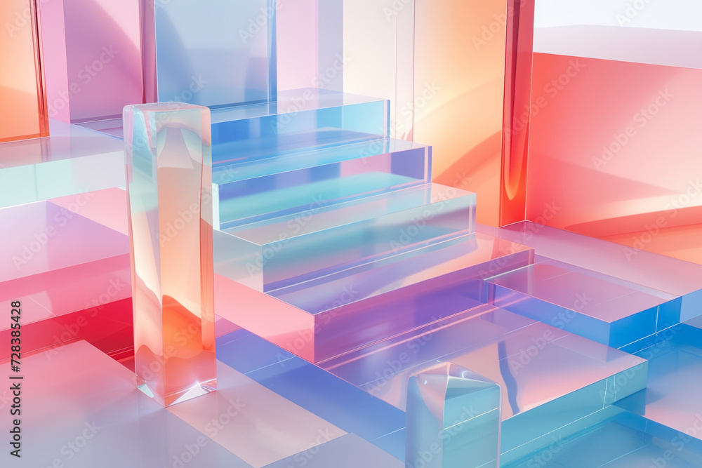 Fototapeta premium Futuristic technological light podium with neon pink panels for presentation